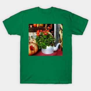 Teapot Filled With Geraniums T-Shirt